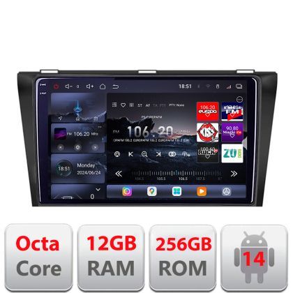 Navigatie Mazda 3 2004-2009 Edotec Kit-161 8 core QLED 2K 12+256GB 360 Android Waze USB Navigatie Internet Youtube Radio