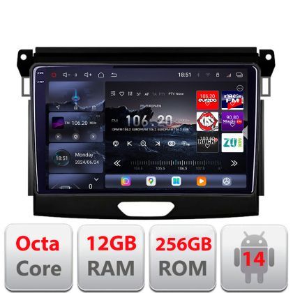 Navigatie Ford Ranger 2016+ Edotec Kit-574 8 core QLED 2K 12+256GB 360 Android Waze USB Navigatie Internet Youtube Radio